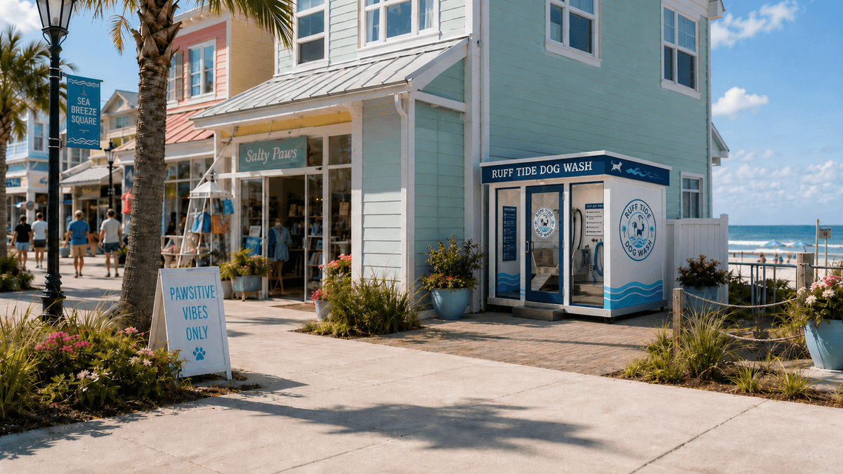 Ruff Tide Dog Wash kiosk on a coastal boardwalk near the beach