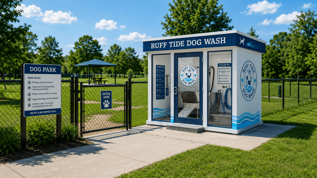 Ruff Tide Dog Wash kiosk at a dog park entrance
