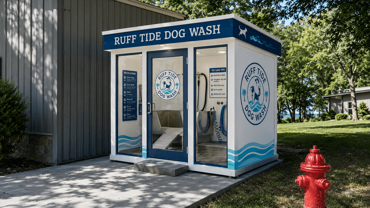 Ruff Tide Dog Wash kiosk showing walk-in wash bay with tub and sprayer