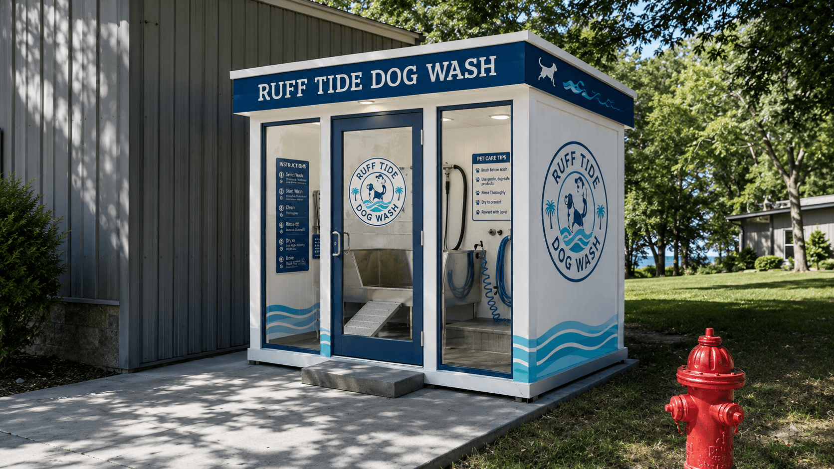 Ruff Tide Dog Wash self-service kiosk with wash bay, dryers, and branded signage