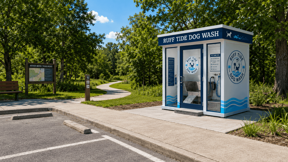 Ruff Tide Dog Wash kiosk along a tree-lined nature trail